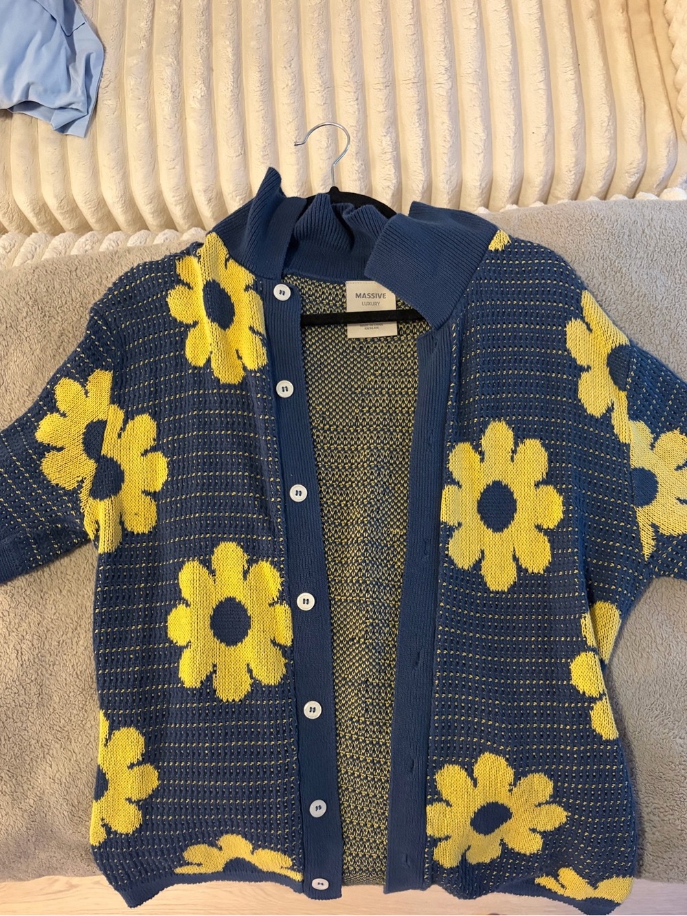 Navy Blue Cardigan with Yellow Flower Knit